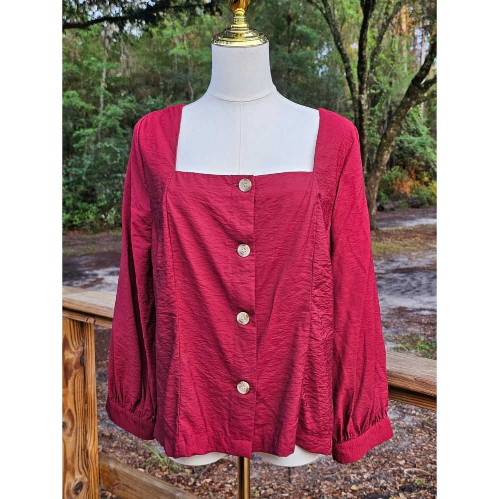 A New Day Burgundy Square Neck Button Down Blouse Dark Academia Boho Top Large